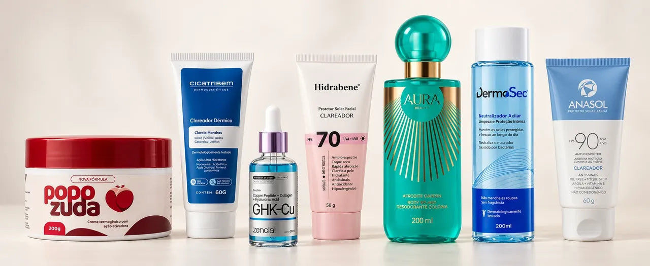 Cosméticos de marcas clientes: creme, clareador, sérum, protetores solares, body splash e desodorante