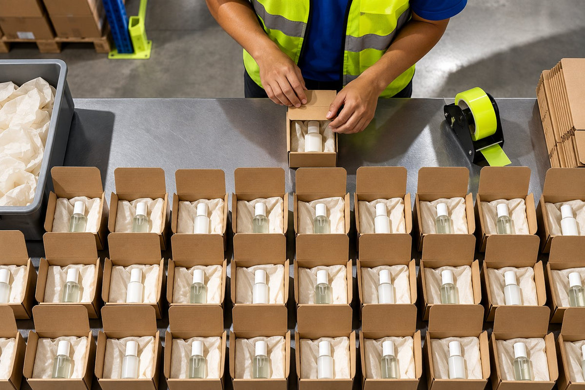 Caixas de amostras de produto enfileiradas em bancada de expedição