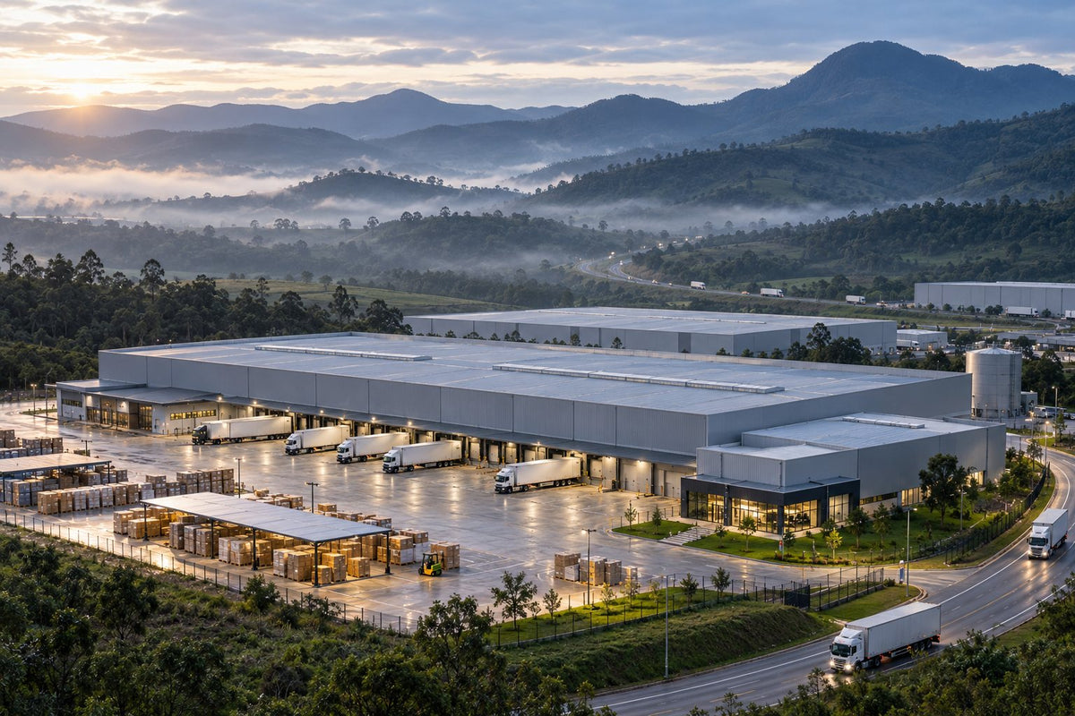 Galpões logísticos entre morros do sul de Minas Gerais ao amanhecer