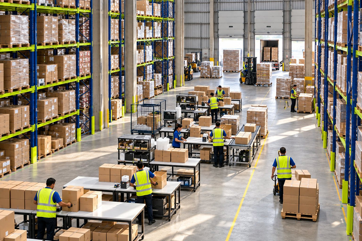 Visão ampla de centro de fulfillment com recebimento, armazenagem, embalagem e expedição