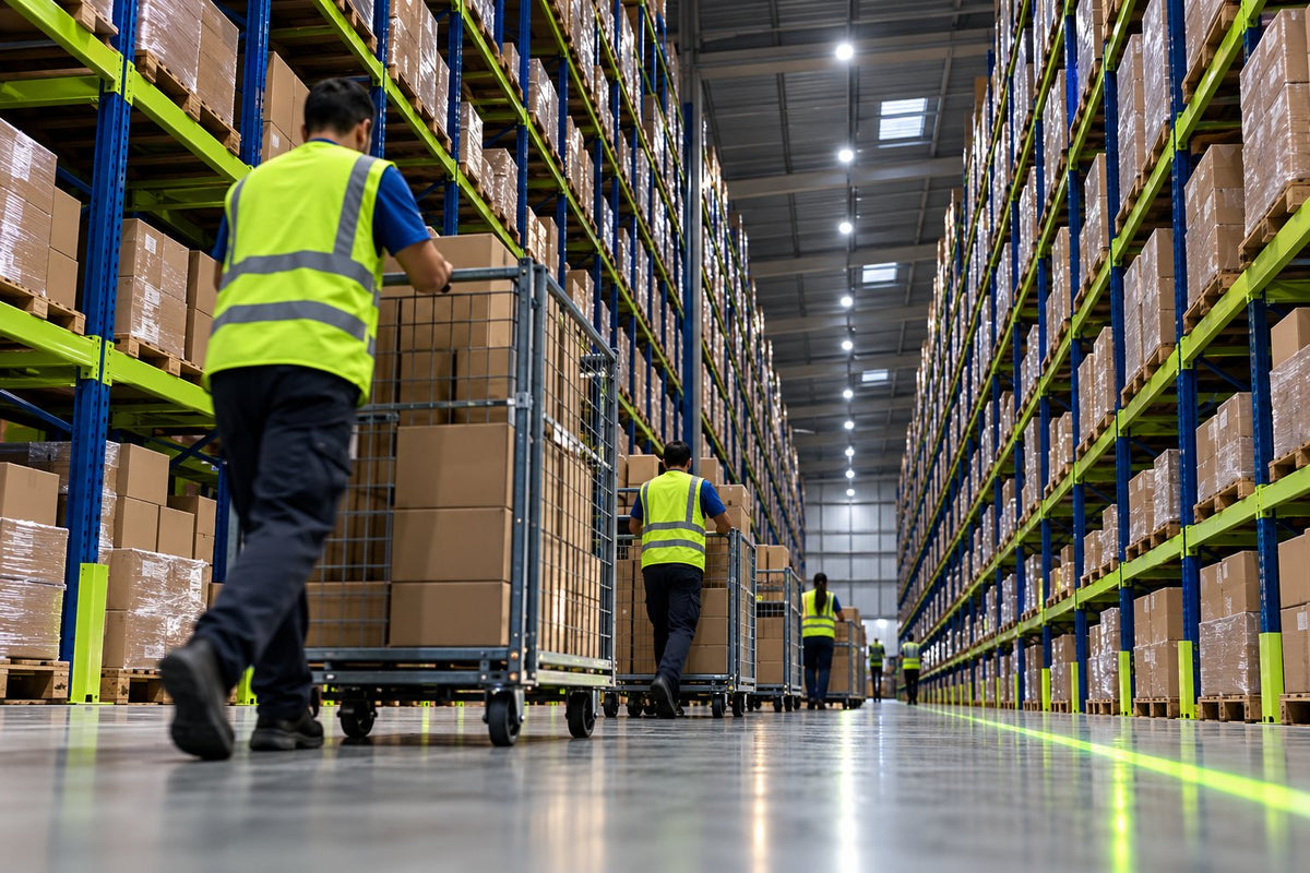 Corredor de centro de fulfillment com carrinhos de caixas no pico de pedidos da Black Friday