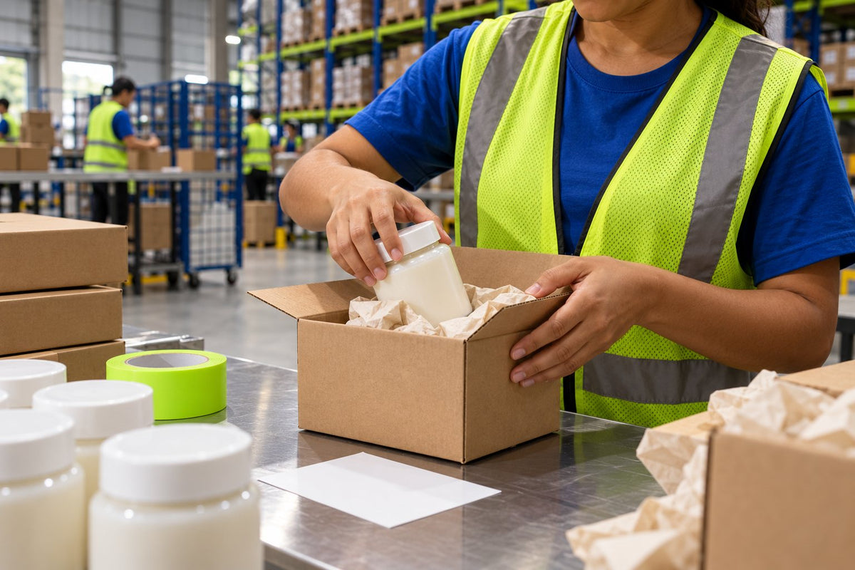 Mãos de operadora colocando produto em caixa na bancada de packing