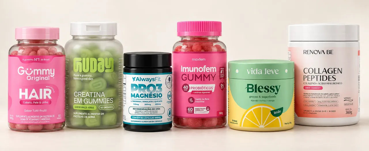 Suplementos e nutracêuticos de marcas clientes: gomas, creatina, magnésio, probióticos, greens e colágeno